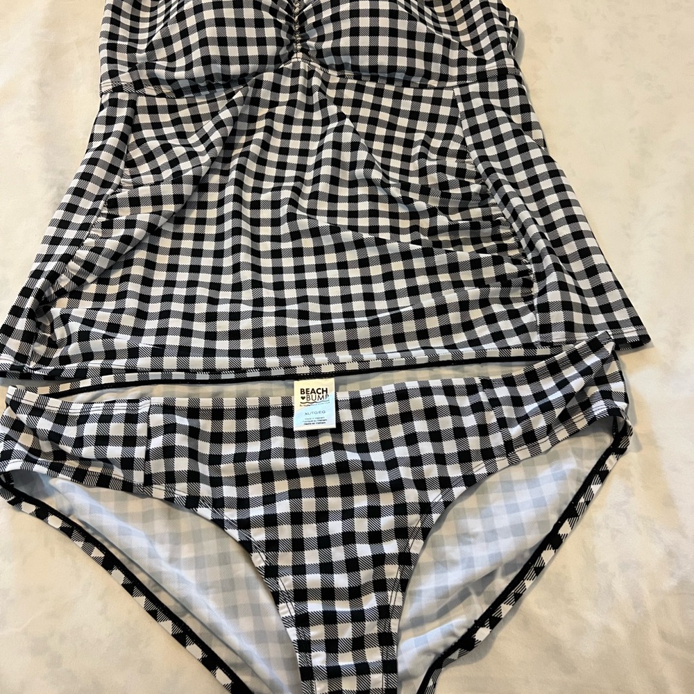 Beach Bump 2 Piece Tankini Swimsuit‎ UPF 50+ BLACK-WHITE GINGHAM Size XL
